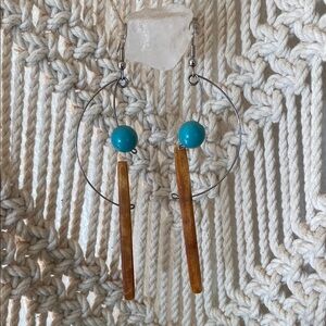Turquoise and Wood Hoop Earrings